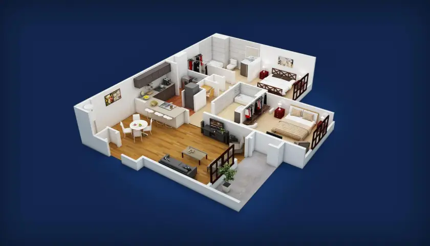 Plano de apartamento moderno con cocina, sala, dos dormitorios y baños. Ideal para un hogar con domótica Google.