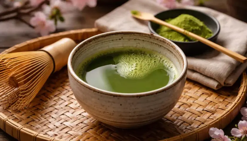 En skål med grön matcha latte, en bambuvisp och en skål med matchapulver på en flätad bricka, med körsbärsblommor i bakgrunden.