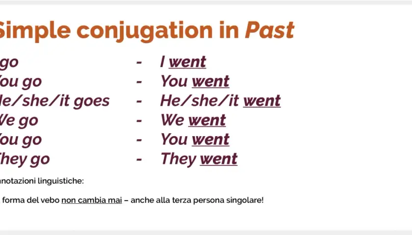La coniugazione del verbo "andare" al past simple: I went, you went, he/she/it went, we went, you went, they went. La forma non cambia.
