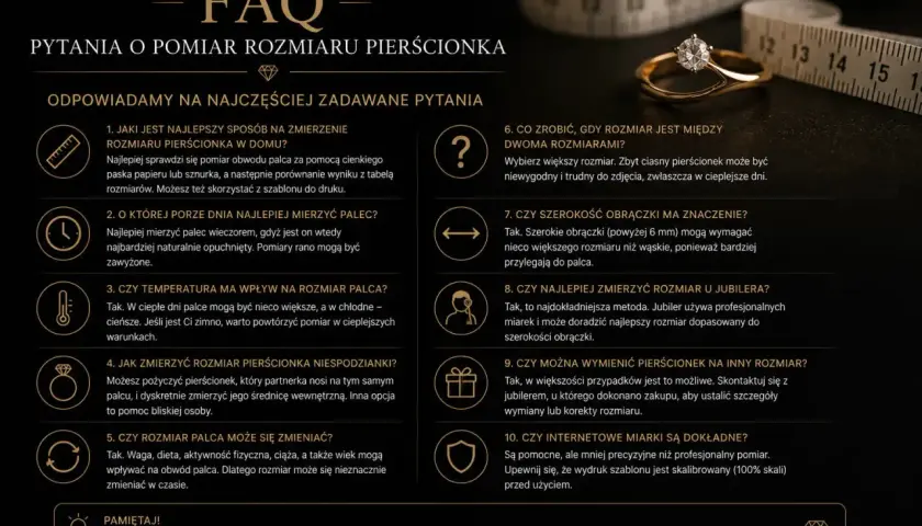 Obwód palca 6 cm jaki to rozmiar? Na stronie FAQ znajdziesz wskazówki, jak zmierzyć palec i dobrać idealny pierścionek.