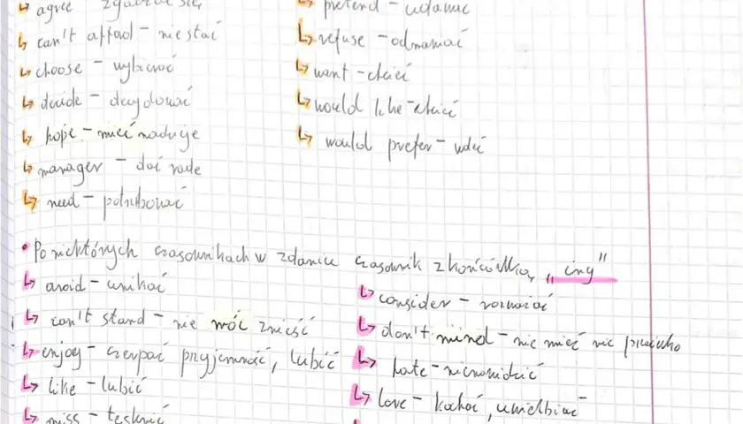 Lista czasowników, po których następuje "to infinite" lub forma z "ing".