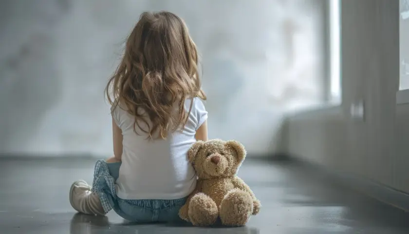 Dziewczynka z misiem, jej świat jest inny. Autyzm u dziewczynek bywa trudny do zauważenia.