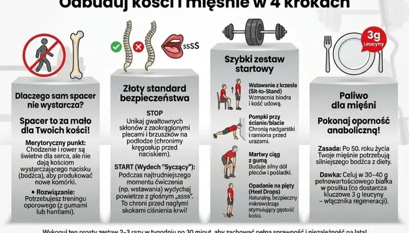 Domowy trening siłowy 50+ dla zdrowych kości i mięśni. Zestaw ćwiczeń, bezpieczeństwo i dieta.
