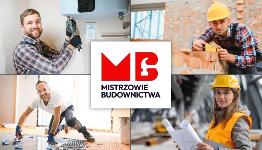 Kolaż zdjęć budowlańców i logo "Mistrzowie Budownictwa".