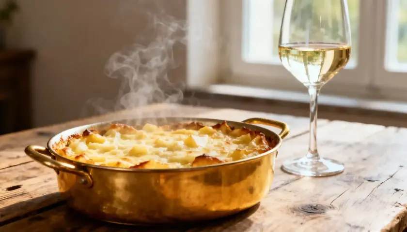Un plat de croziflette fumant et un verre de vin blanc. Le mariage parfait pour savoir quel vin avec croziflette.