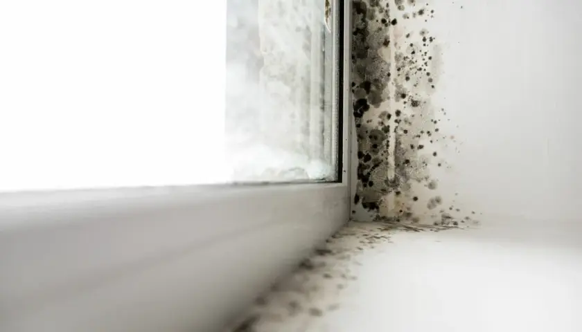 Angolo di una finestra con muffa nera e grigia che si espande sul muro e sul davanzale. Sembra che con il cappotto la casa non respira.