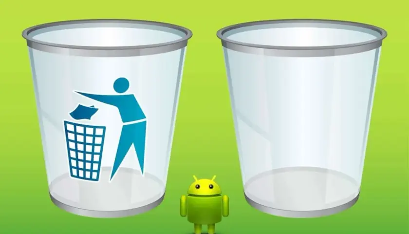 Gdzie jest kosz w telefonie? Dwa przezroczyste kosze na śmieci, jeden z ikoną wrzucania papierka, a obok mały zielony robot Android.