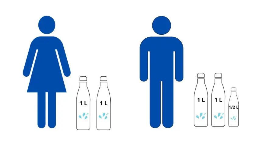 En illustration visar en kvinna med två 1-liters flaskor vatten och en man med två 1-liters och en 0,5-liters flaska. En bra vägledning för hur mycket vatten man ska dricka per dag.