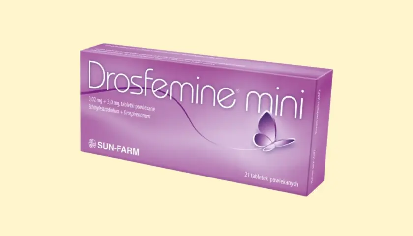 Opakowanie tabletek jednoskładnikowych Drosfemine mini z motylem. Zawiera 21 tabletek powlekanych.