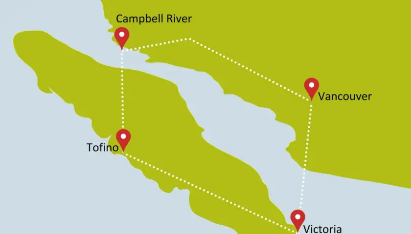Karte von Vancouver Island mit markierten Orten: Campbell River, Tofino, Vancouver und Victoria.