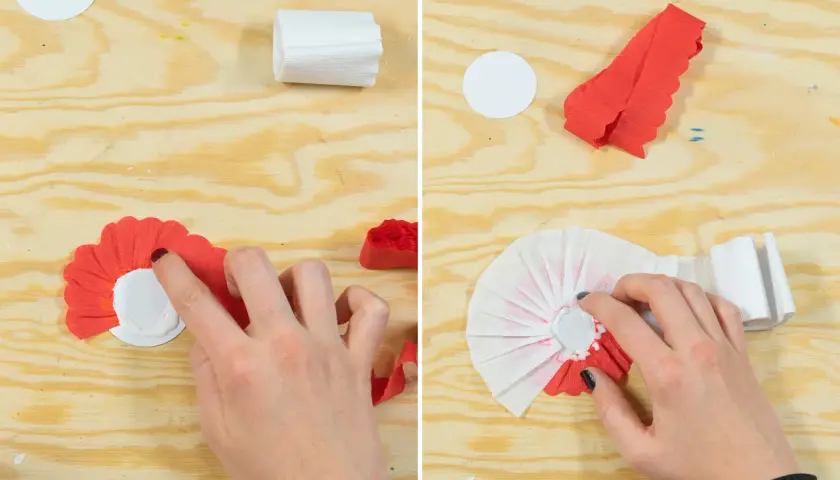 Schritt-für-Schritt-Anleitung, wie man einen Karnevalsorden selber macht. Rote und weiße Krepppapierstreifen werden zu einem dekorativen Orden zusammengeklebt.