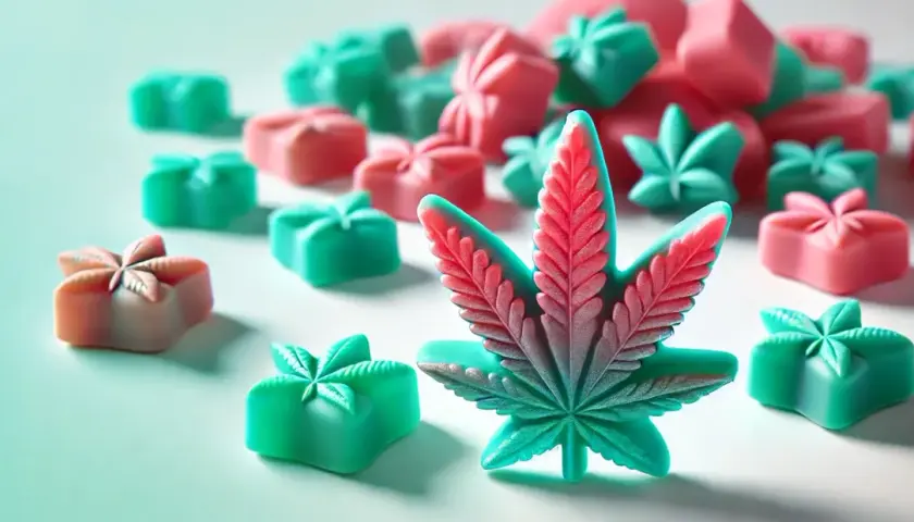 Bunte CBD Gummibärchen in Form von Cannabisblättern und Geschenken.