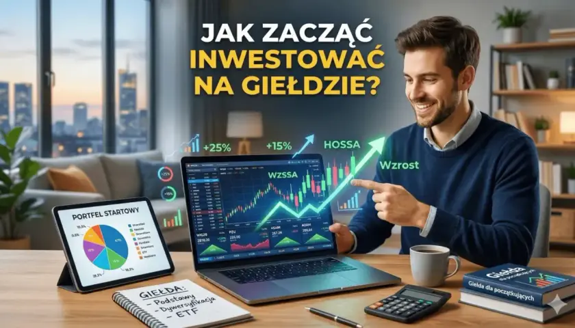 Mężczyzna wskazuje na wykres wzrostu na laptopie, obok tablet z wykresem kołowym i książka o giełdzie.