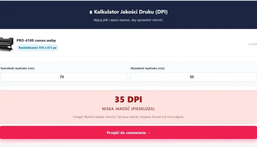 Kalkulator jakości druku DPI pokazuje 35 DPI dla wydruku 70x50 cm. Sprawdź, jak sprawdzić DPI dla swojego pliku.