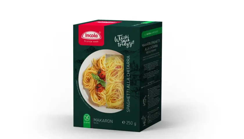 Glutenfri spaghetti alla chitarra från Incola. Förpackningen visar en tallrik med färdiglagad pasta, perfekt för dig som söker glasnudlar gluten.