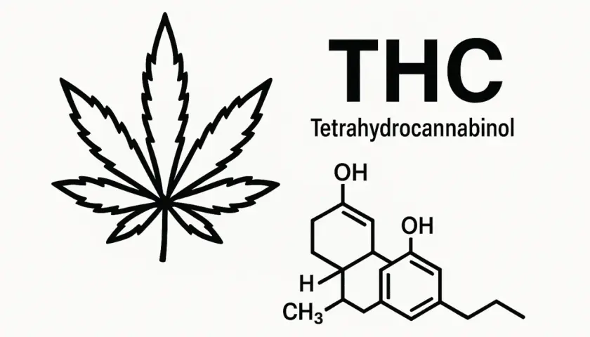 Liść konopi i wzór chemiczny THC (Tetrahydrocannabinol).