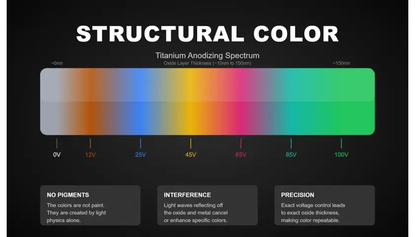 Spettro di anodizzazione del titanio: i colori strutturali variano da grigio a verde brillante con l'aumentare dello spessore dello strato di ossido, creando sfumature uniche senza pigmenti.