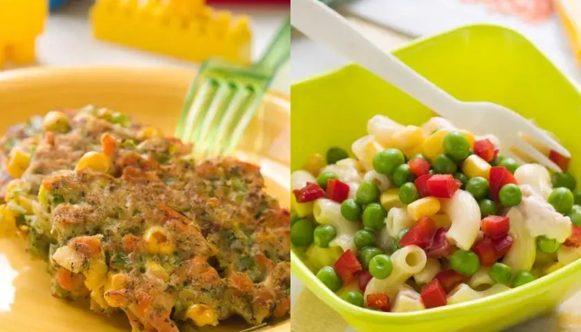 Tortitas de verduras y ensalada de pasta con guisantes, maíz y pimiento rojo. ¡Deliciosas recetas con verduras para niños!