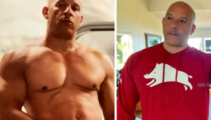Vin Diesel w dwóch ujęciach: bez koszulki pokazujący tors i w czerwonej bluzie z białym dzikiem.