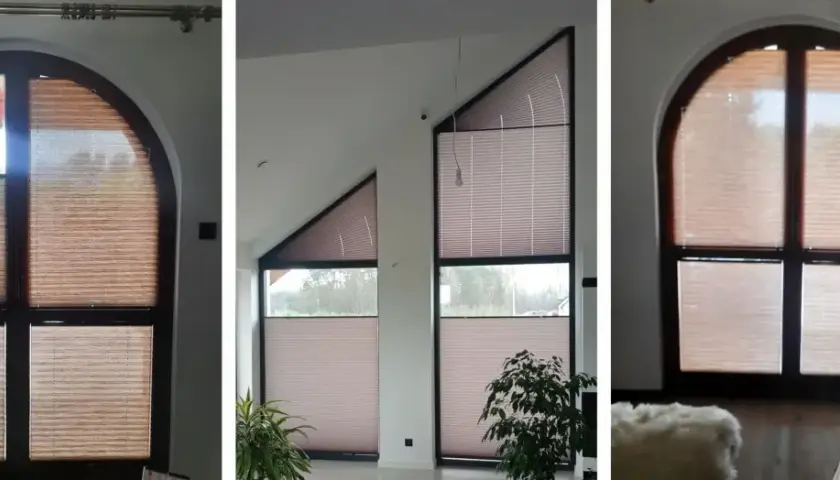 Plisy idealnie pasują do nietypowych, skośnych okien, tworząc przytulną atmosferę.
