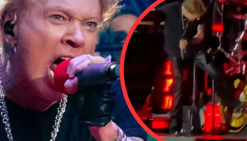 Axl Rose z zespołu Guns N' Roses śpiewa do mikrofonu. W kółku widać fragment sceny z innymi członkami zespołu.