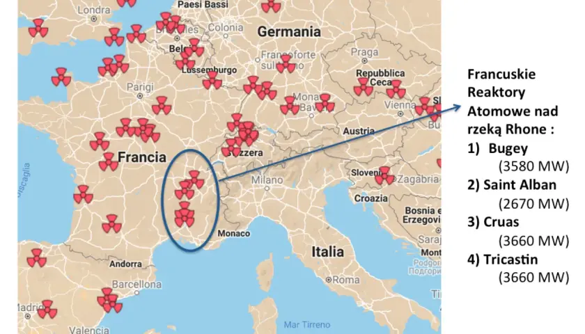 Mapa Europy z zaznaczonymi symbolami elektrowni atomowych, głównie we Francji.