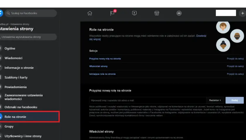 Jak zmienić administratora strony na FB: w menu po lewej wybierz "Role na stronie", aby zarządzać uprawnieniami.