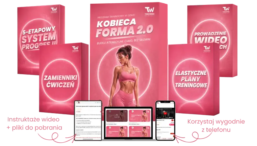 Fit girl na okładce programu "Kobieca Forma 2.0". Zestaw zawiera plany treningowe, instruktaże wideo i zamienniki ćwiczeń.