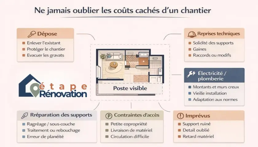 Schéma des coûts cachés d'un chantier de rénovation d'un f3 appartement, incluant dépose, reprises techniques, électricité/plomberie, préparation des supports, contraintes d'accès et imprévus.