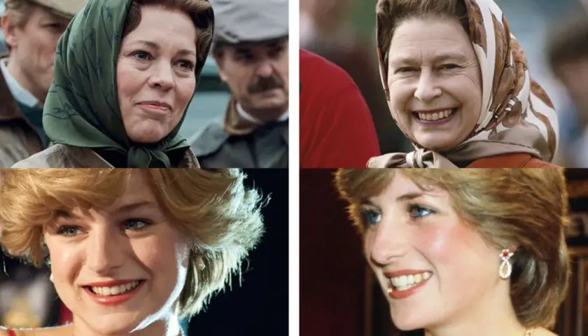 Porównanie aktorek z serialu "The Crown" z prawdziwymi postaciami. Olivia Colman jako królowa Elżbieta II i Emma Corrin jako księżna Diana.