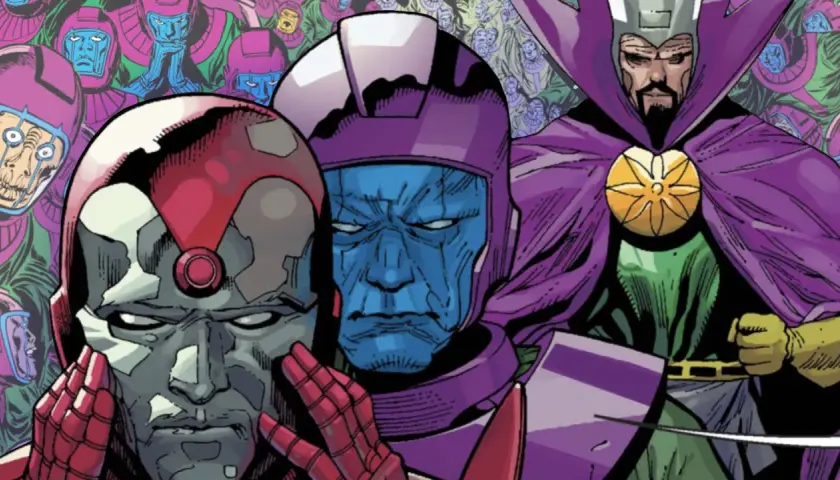Plusieurs kang variants, aux visages bleus et gris, se tiennent au premier plan, entourés d'une foule de leurs homologues.