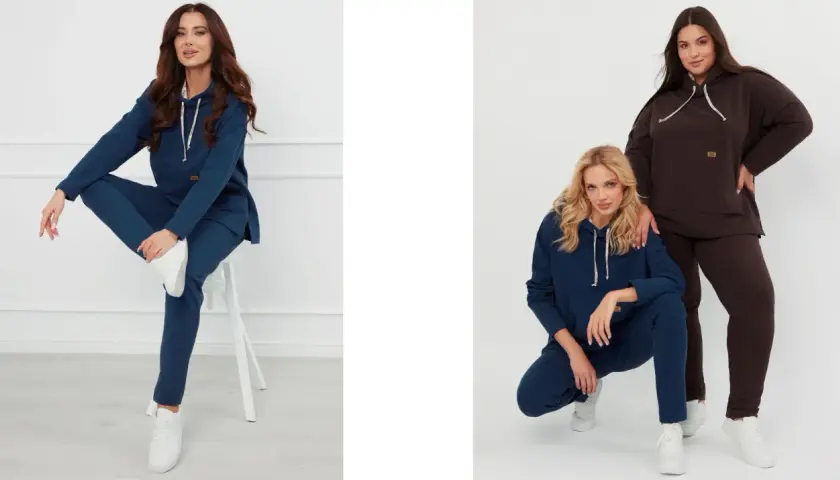 Dwie kobiety w dresach. Jedna w granatowej bluzie basic czarnej, druga w brązowej.