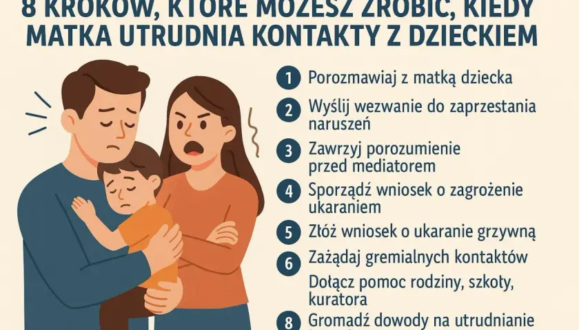 Ilustracja przedstawia rodzinę: smutnego ojca trzymającego dziecko, obok niego złą matkę. Obok lista 8 kroków, gdy matka utrudnia kontakty, w tym "Złóż wniosek o ukaranie grzywną".