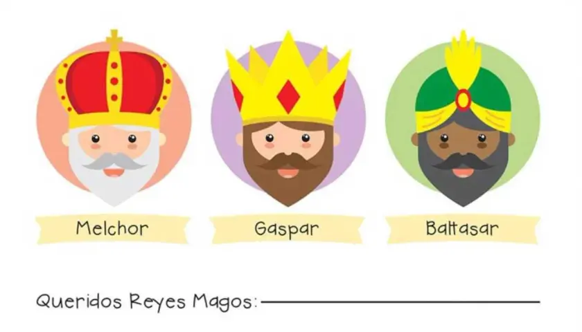 Plantillas Reyes Magos para imprimir: Melchor, Gaspar y Baltasar sonríen, listos para recibir tu carta.