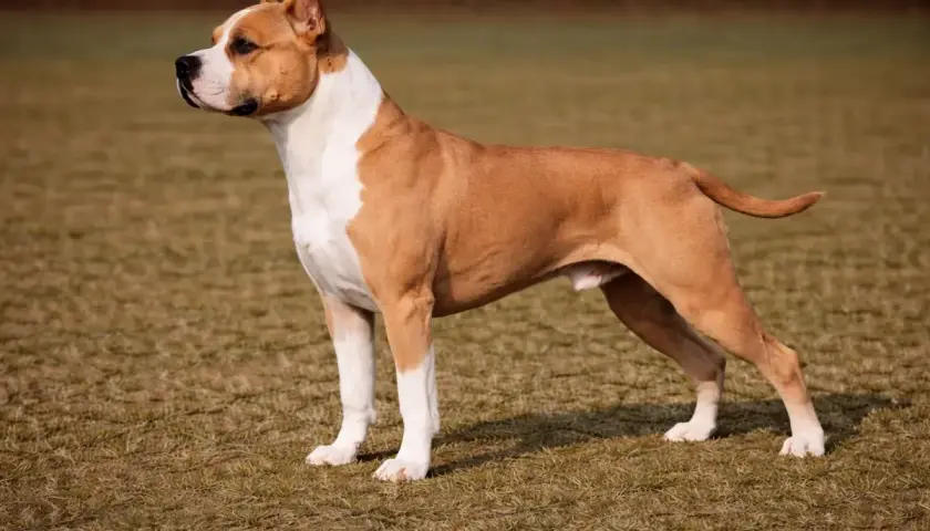Ein stolzer American Staffordshire Terrier steht auf einer Wiese. Sein braun-weißes Fell glänzt in der Sonne.