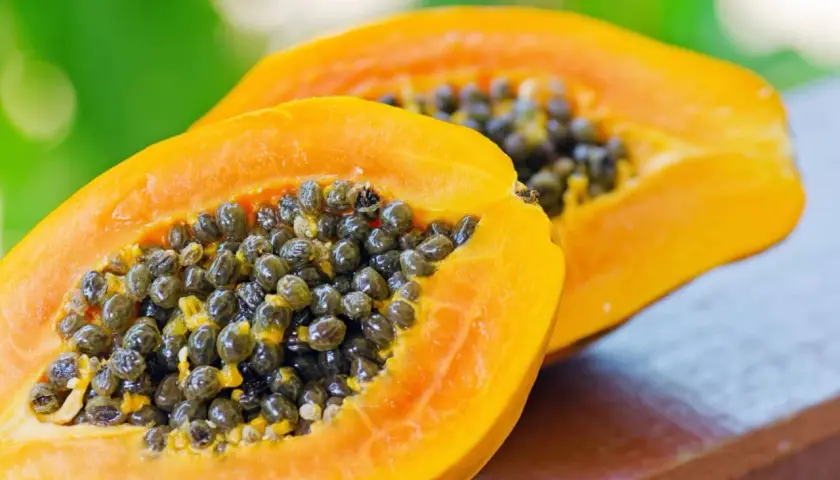 Zwei Hälften einer reifen Papaya mit vielen schwarzen Samen. Die Papaya ist bekannt für ihre verdauungsfördernde Papain-Wirkung.