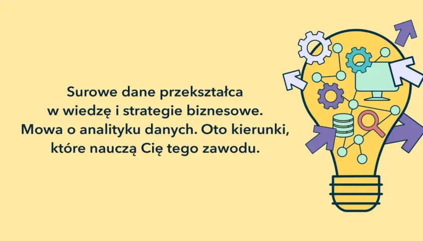 Analiza danych studia: przekształć surowe dane w wiedzę i strategie biznesowe. Grafika przedstawia żarówkę z elementami analizy danych.