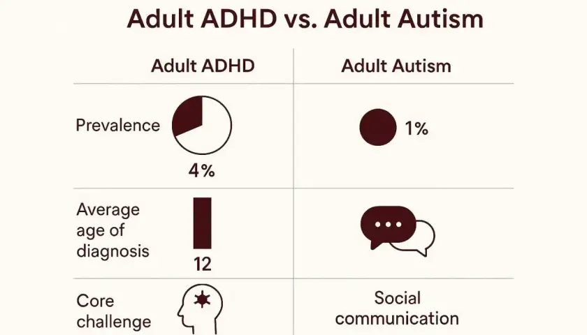 Porównanie ADHD i autyzmu u dorosłych: autyzm dotyka 1% populacji, a jego główne wyzwanie to komunikacja społeczna.