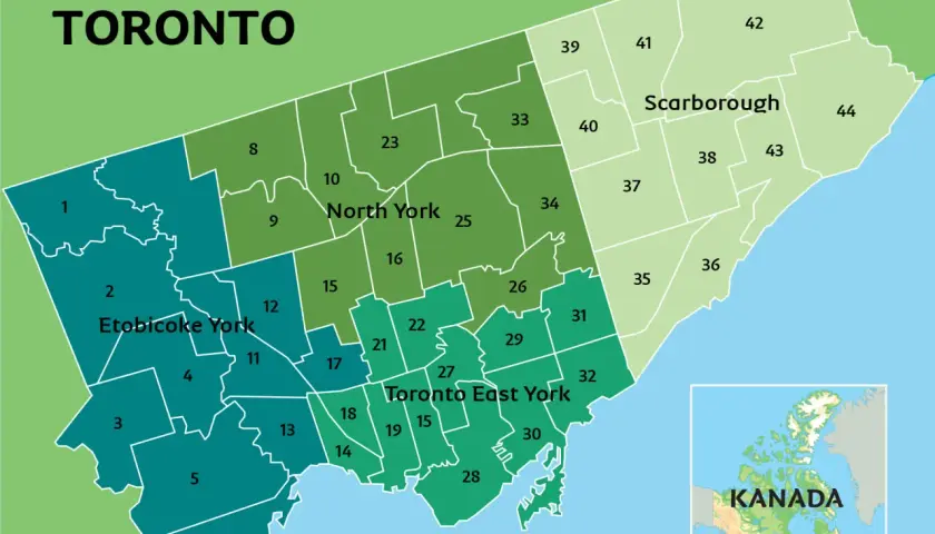 Mapa pokazuje, gdzie jest Toronto, podzielone na dzielnice: Etobicoke York, North York, Scarborough i Toronto East York.
