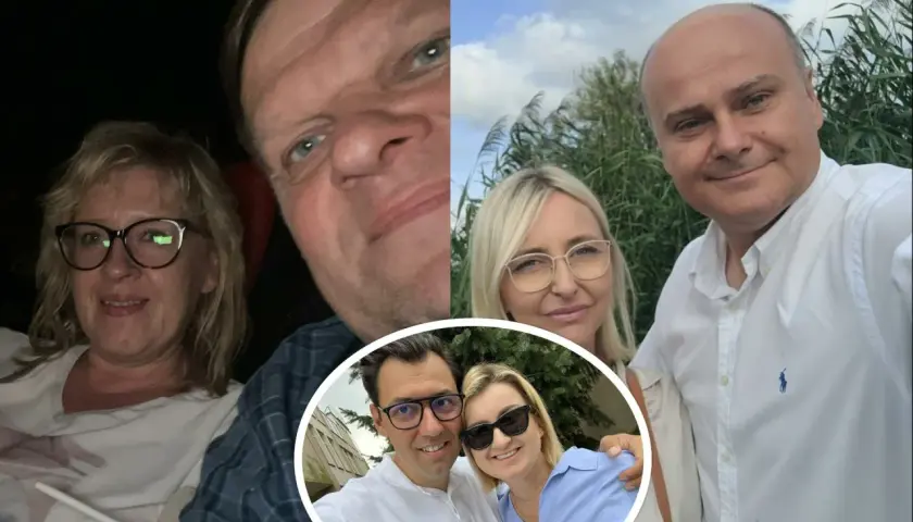 Konrad Frysztak z żoną i przyjaciółmi cieszą się wspólnym czasem.