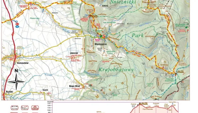 Mapa szlaku turystycznego, fragment Głównego Szlaku Sudeckiego, z zaznaczonymi miejscowościami, szczytami i profilami wysokości.