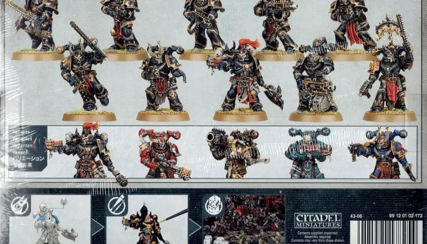 Zestaw figurek Warhammer Chaos Legions. Wojownicy w zbrojach, uzbrojeni w broń palną i białą, gotowi do walki.