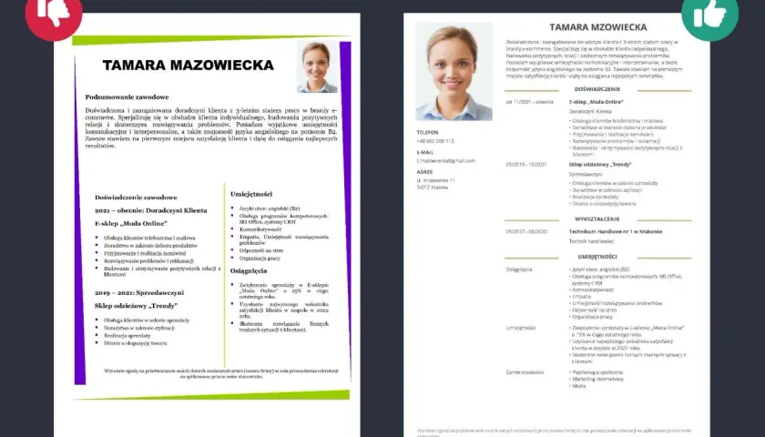 CV Tamary Mazowieckiej: doświadczona doradczyni klienta, zorientowana na satysfakcję klienta, z umiejętnościami komunikacyjnymi i znajomością angielskiego.