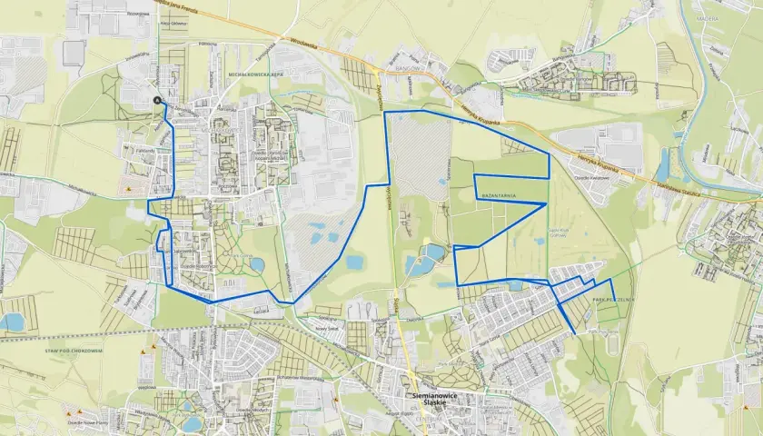 Mapa z zaznaczoną trasą rowerową w Siemianowicach Śląskich, prowadzącą przez parki i tereny zielone.