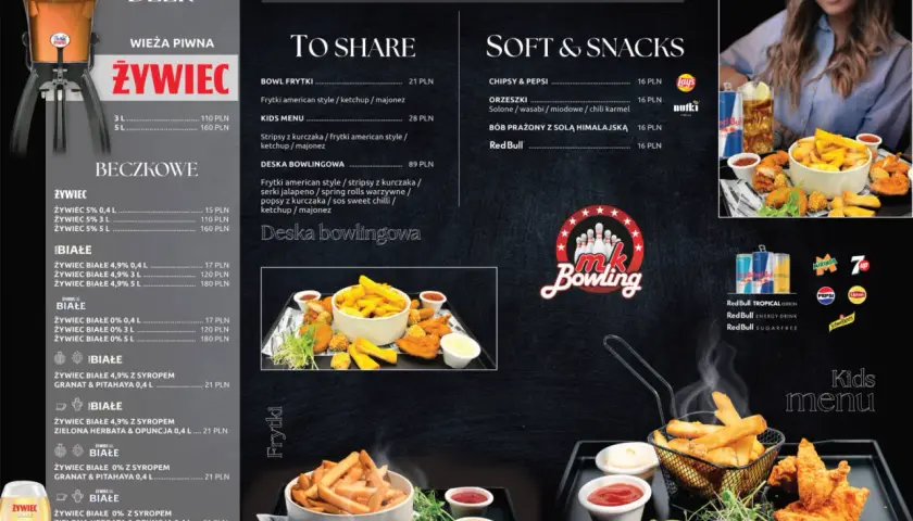 Menu z piwem Żywiec i przekąskami. Deska bowlingowa z frytkami, kurczakiem i sosami.