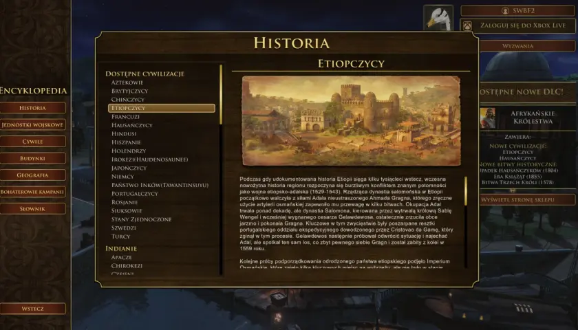 Zrzut ekranu z gry Age of Empires 3: Definitive Edition, przedstawiający menu encyklopedii z cywilizacją Etiopczyków.