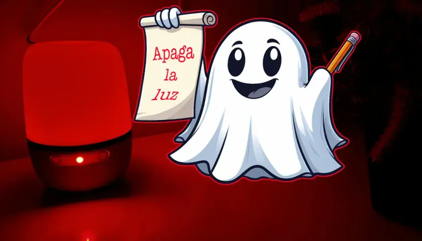 Un fantasma sonriente con un pergamino que dice "Apaga la luz" y un lápiz, junto a una lámpara roja que aún emite un brillo, porque foco downlight se queda un poco con luz.