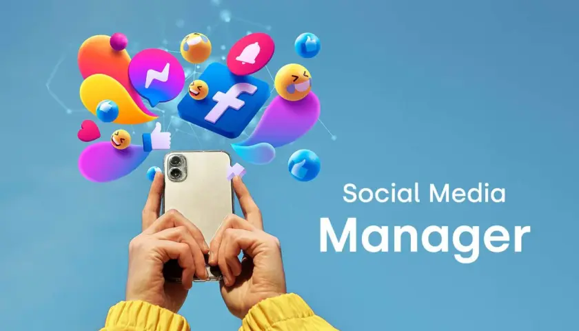 Ręce trzymające telefon, otoczone ikonami mediów społecznościowych i emotikonami. Idealny obraz dla social media managera.