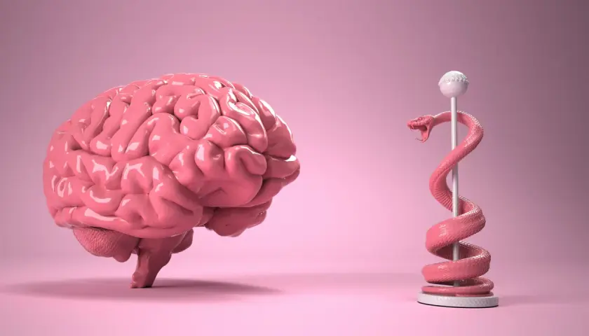 Un cervello rosa lucido e un serpente stilizzato avvolto attorno a un bastone, che simboleggiano il cervello rettiliano.