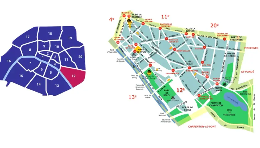 Mapa Paryża z zaznaczonymi dzielnicami. 12 dzielnica Paryża, oznaczona kolorem różowym, znajduje się na wschodzie.